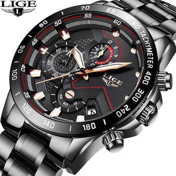 

LIGE Mens Watches Black Classic Quartz Clock Stainless Steel Waterproof Luminous Watch Men Sports Chronograph Relogio Masculino