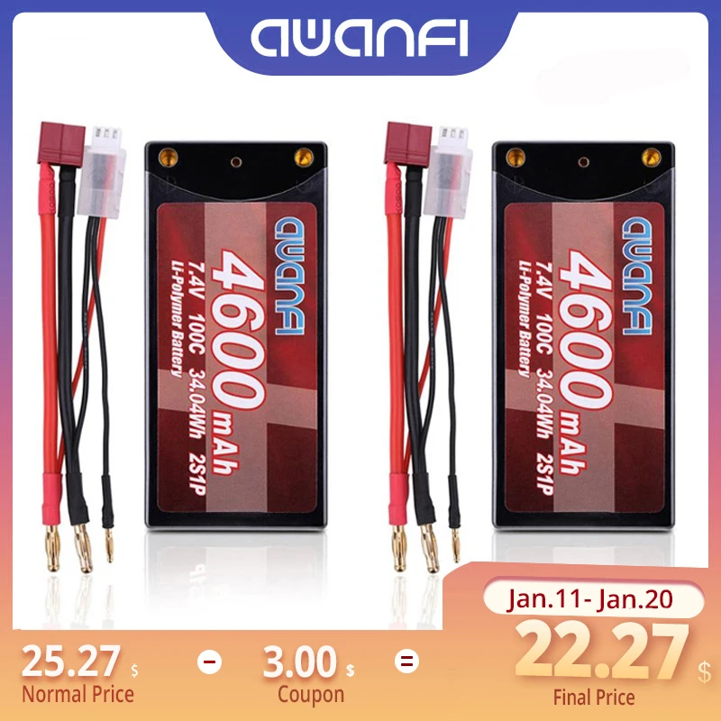 2 упаковки AWANFI 4600mAh Lipo RC Батарея 7 4 V 100C 2S с мм пуля деканов штекер для 1/10 Масштаб