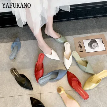 

2020 New Women Low Heel Slippers Fashion Mules Shoes Pointed Toe Slides candy color Sandal Ladies Slides Flip Flop Zapatos Mujer