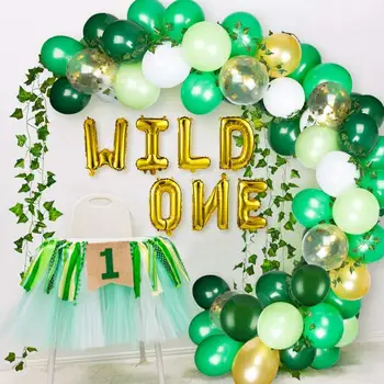 

74pcs Wild One Birthday Decorations Kit Dark Green Gold Confetti Balloons Arch Jungle Party Baby Shower 1st Birthday Decor Balon