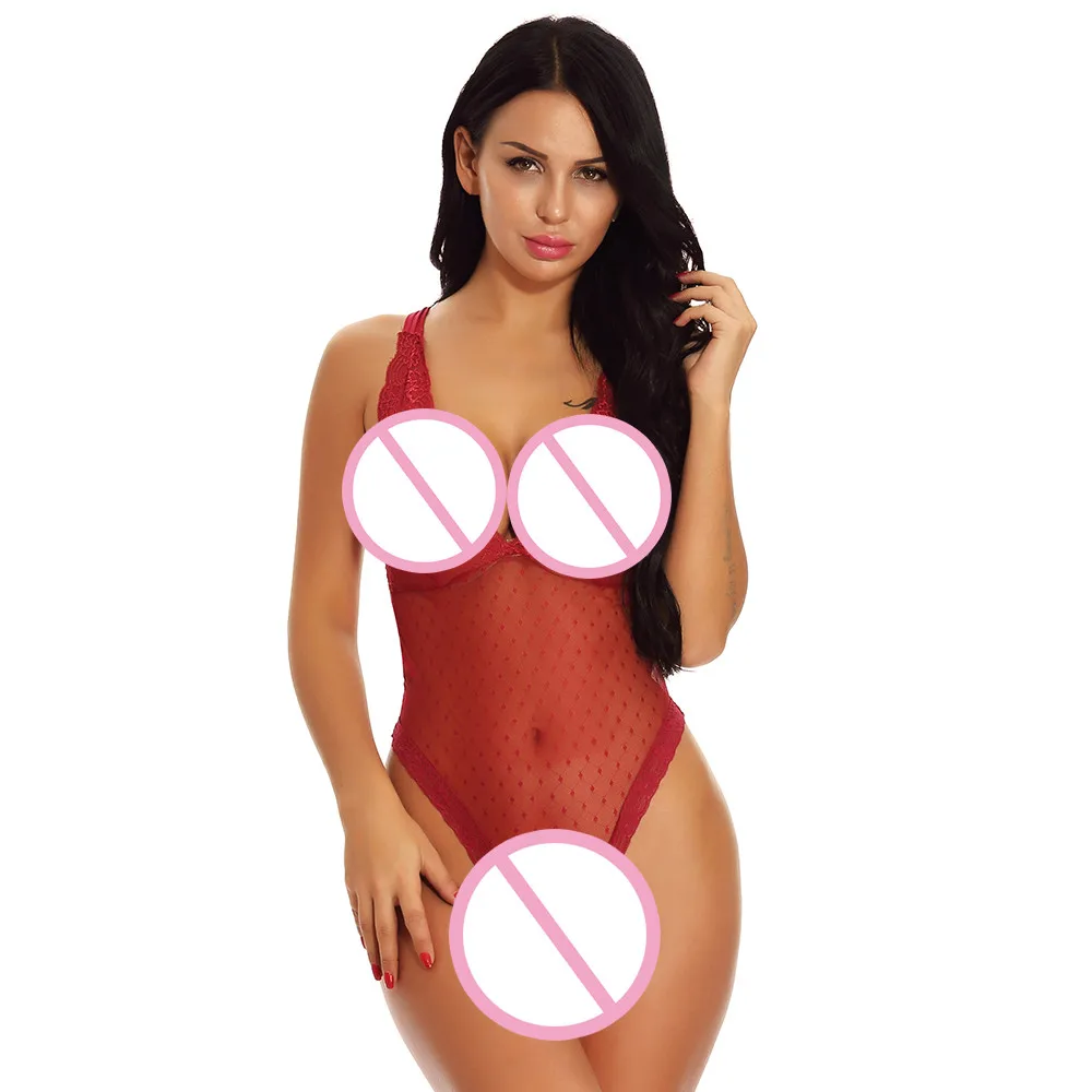 Temptation Lace Pajamas Solid Color Jumpsuit perspective Women Sexy Sling Underwear Ladies sexy lace solid teddy bodysuit - Цвет: Красный