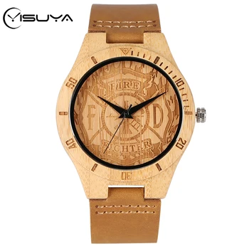 

YISUYA Bamboo Wooden Watch Men's Superb Art Firefighter Engraved Quartz Simple Fire Fighter Wood Clock Gifts Leather Band Watch