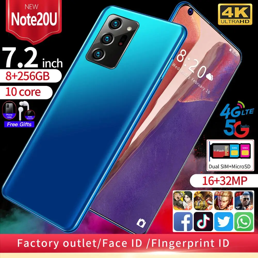 8G RAM Note20U Smartphones Octa Core 128G ROM