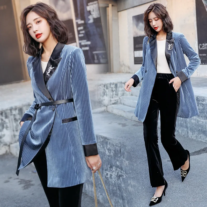 

INS Super Fire Gold Velvet Workplace WOMEN'S Suit Autumn 2018 New Style Fashion Large Size Spring And Autumn Long Sleeve Two-Pie