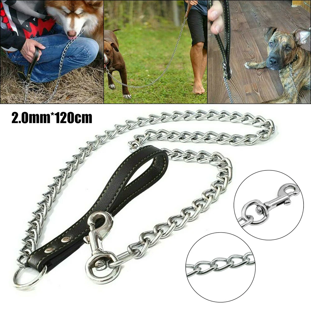 Heavy Duty Metal Chain Dog Lead With Leather Handle Long Strong Control