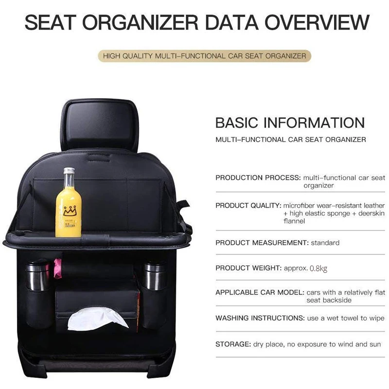 PU Car Seat Protector Backseat Organizer with Tablet Holder and Foldable Tray Durable Quality Travel Accessories Organizer