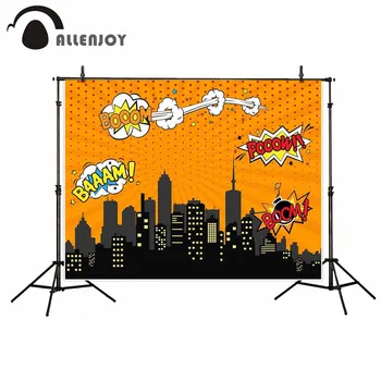 

Allenjoy Cityscape Background Cloths Boom Comic Dusk Superhero Landscape Baby Shower Banner Boy Birthday Party Decor Backdrop