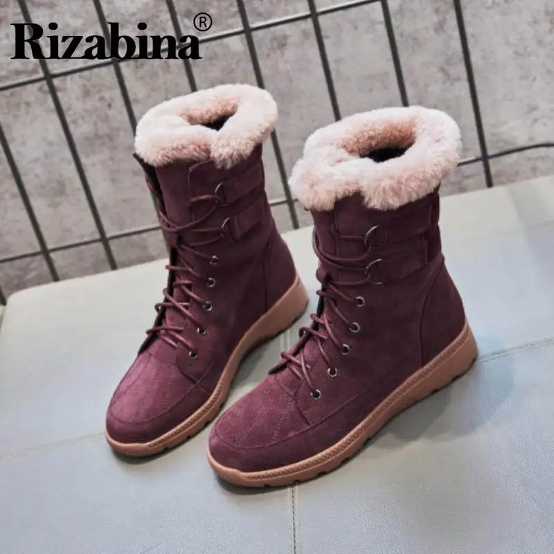 

RizaBina Women Half Short Snow Boots Winter Keep Warm Plush Flats Shoes Women Casual Lace Up Thicken Fur Footwear Size 35-40