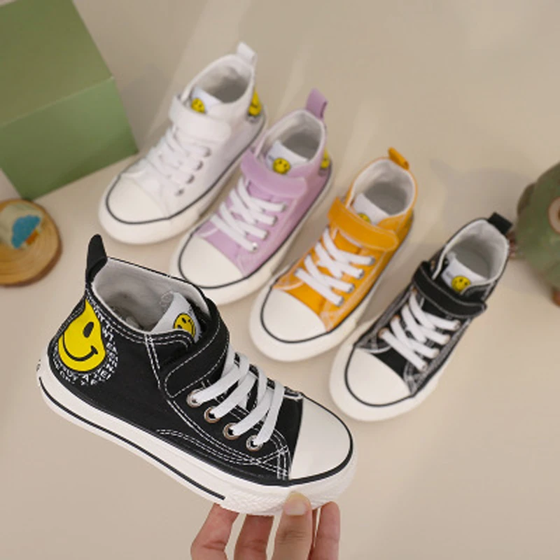 

Children Casual High-top Canvas Shoes for Spring Autumn with Cute Smile Pattern Soft Comfortable Non-slip Outsole Leisure Shoes