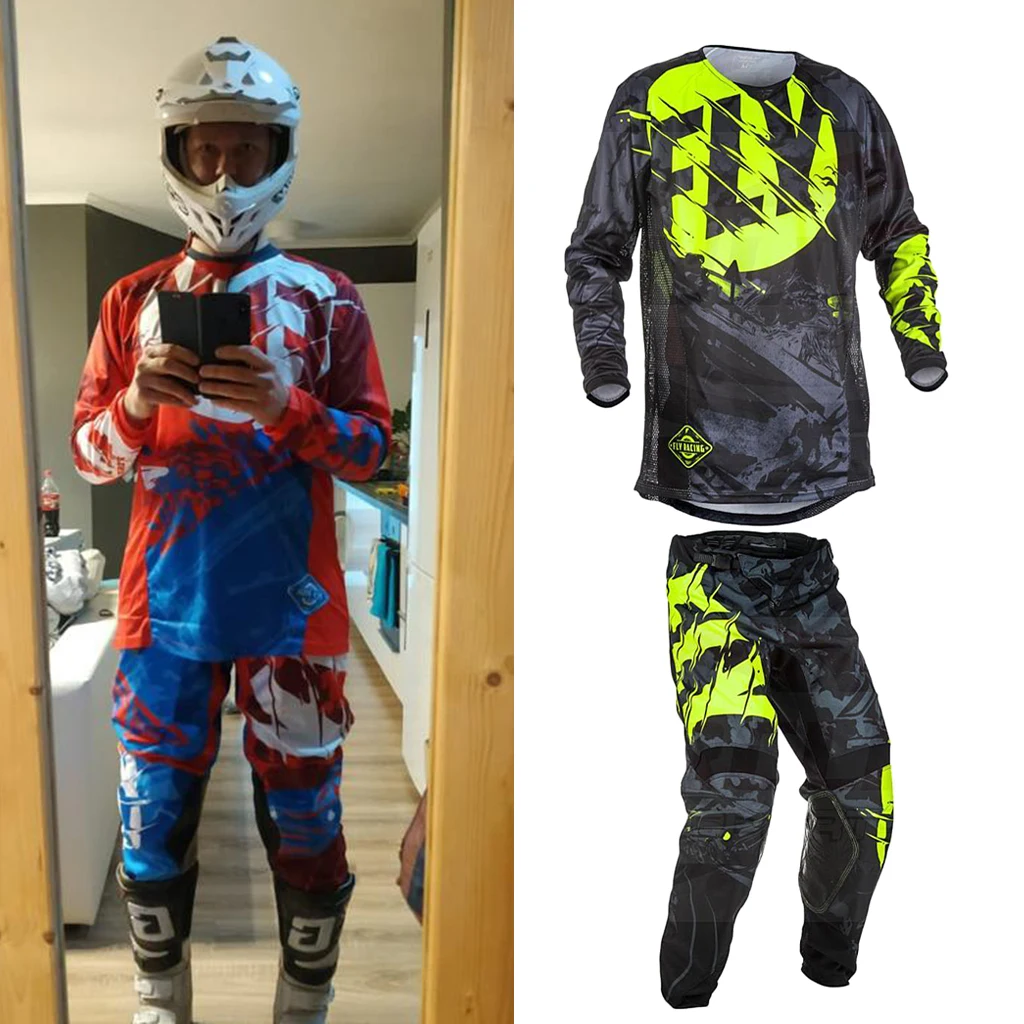 Adult Mountain Bike Protective Riding Set Fly Fish Racing ATV Protective Motocross Jersey + Pants Gear Set Suit S-XXXL Size 