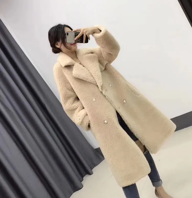 BEIGE Женское Шерстяное зимнее пальто женское пальто из натурального меха костюм воротник женский толстый теплый двубортный карман свободные длинные парки куртка - Цвет: BEIGE