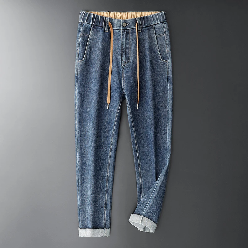 BROWON-pantalones vaqueros de marca para hombre, ropa recta suelta de algodón, suave y grueso, informal, longitud hasta el tobillo, Otoño, 2021