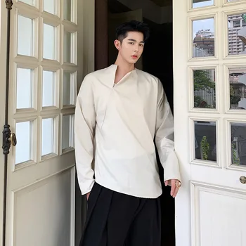 

EWQ / 2020 New Fashion Spring Round Neck Split Solid Loose Shirt Men Casual High Street Japanese Version Camisa Masculina 9A082