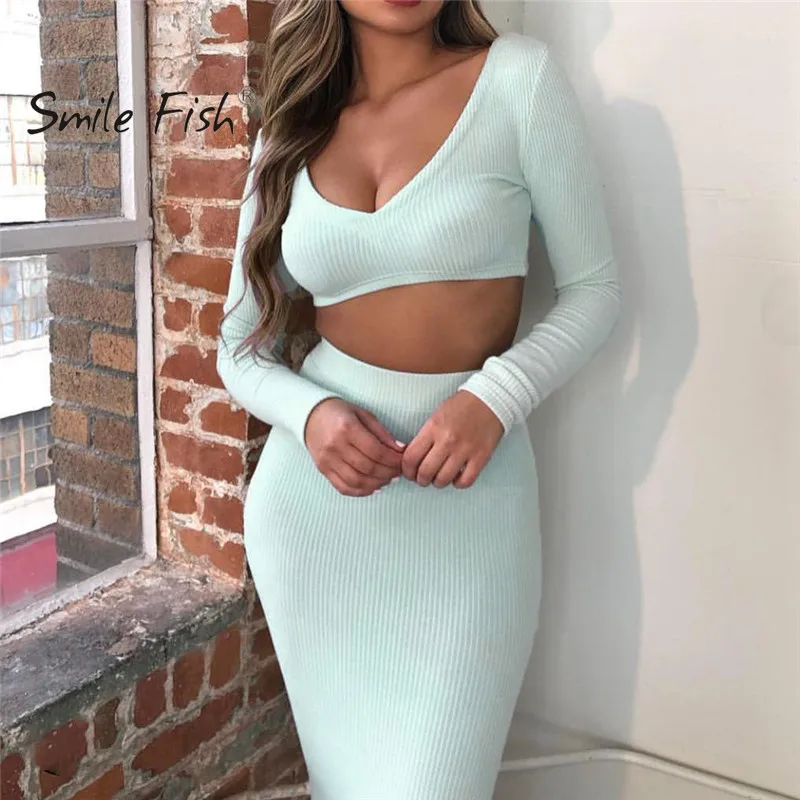 

Ribbed 2019 Autumn Women Sets Bodycon V-Neck 2 Pieces Sets Solid Crop Tops and Midi Slirt Knitted Sexy Sets Elegant Party GV839