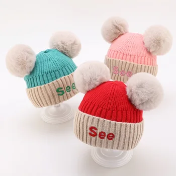 

Baby boy and girl hat Children's double ball knit hat winter new see embroidery baby wool hat Korean baby warm hat kids beanies