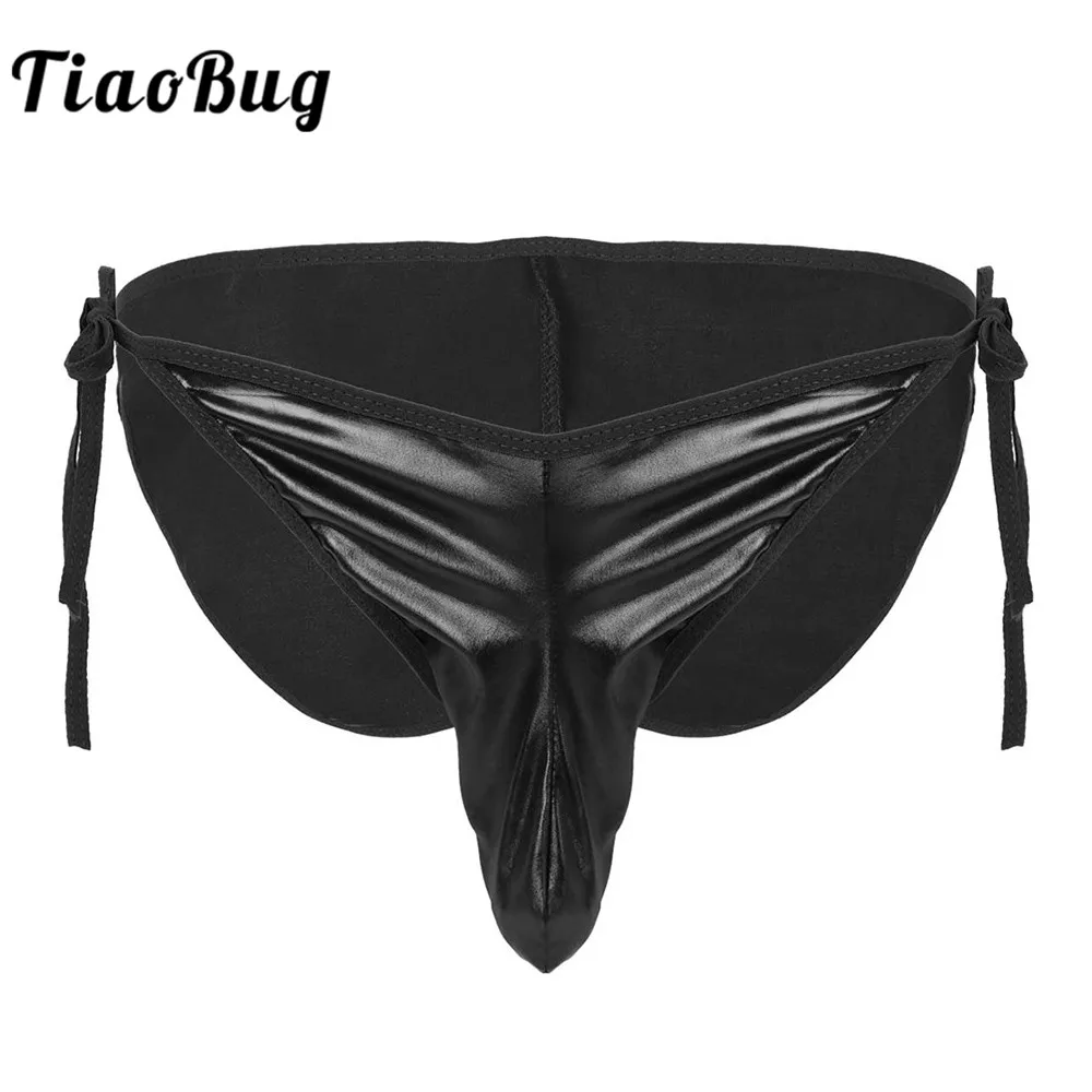 Мужские мокрые трусы TiaoBug из лакированной кожи с черным/красным краем и завязкой