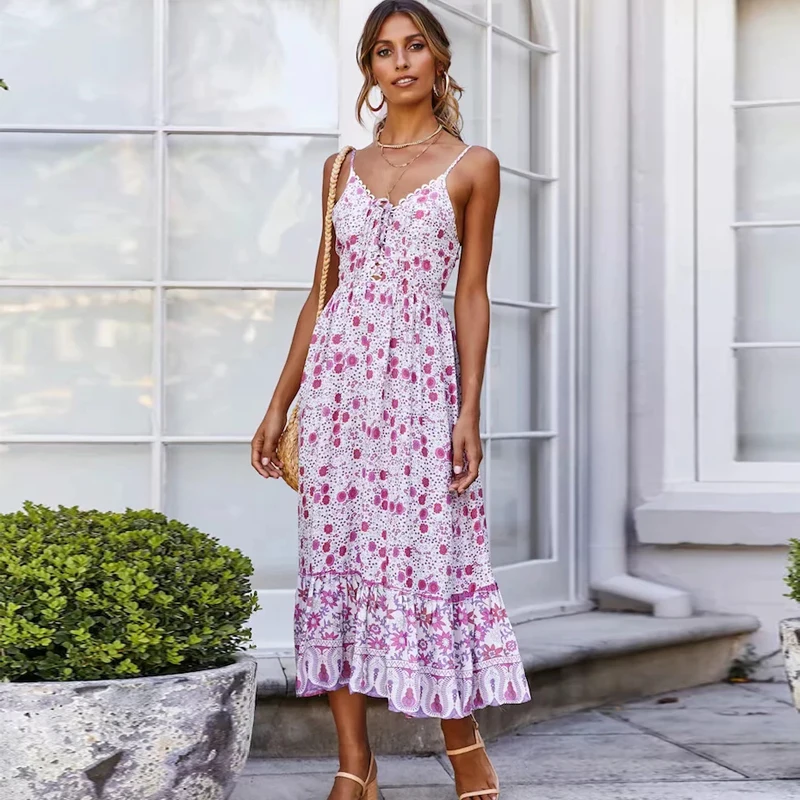 

KIYUMI Dress Women Boho Summer Dress Rayon Floral Printed Sleeveless Strappy Sling V-neck Bust Lace Up 2019 New Beach Long Dress