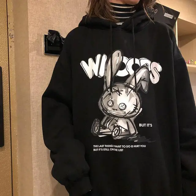 QWEEK Gothic Harajuku Hoodies Women Streetwear Dark Rabbit Bunny Print Long Sleeve Black Tops Mall Goth Clothing Alt 2021 Autumn Black