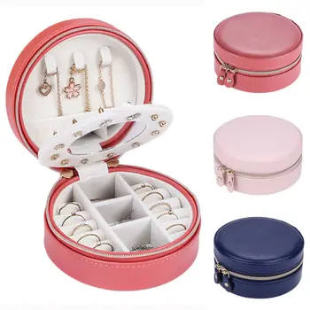 

2020 HOT Portable Round Jewelry Box Travel Zipper PU Leather Jewellery Packaging Display Organizer Gift Box Earring Storage Case