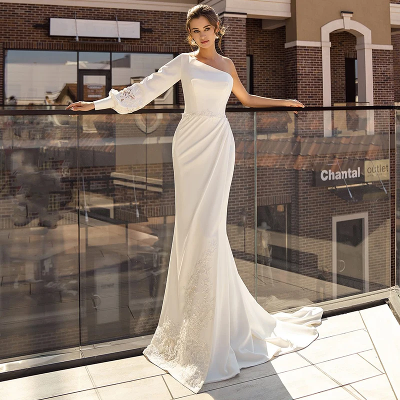 

Simple One Shoulder Mermaid Wedding Dresses Ladies Jersey Pleats Appliques Bridal Gowns with Button Back Vestido De Novia 2023