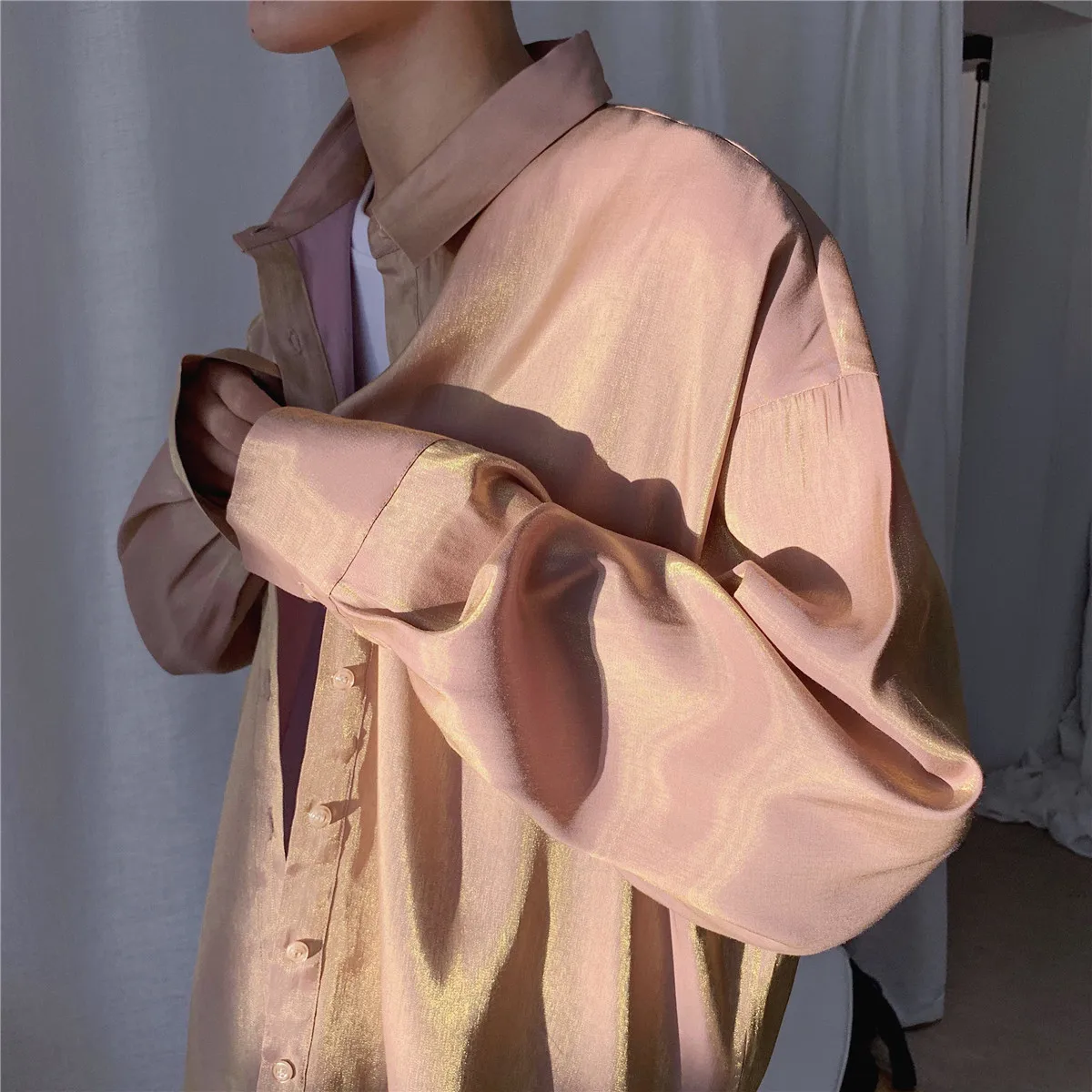 Spring autumn party reflective men long sleeve shirt street hip hop punk blouse man vintage casual holographic reflective shirts