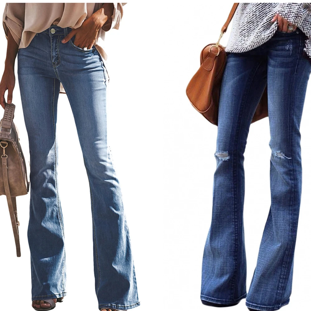 

2021 Women High Waist Fashion Stretch Pocket Wide Leg Jean Flare Pants Women Vintage Denim Ladies Ripped Jeans Plus Size Retro