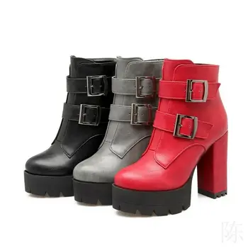 

British Womens Ankle Boots High Block Heels Side Zip Platform Motor Biker Shoes