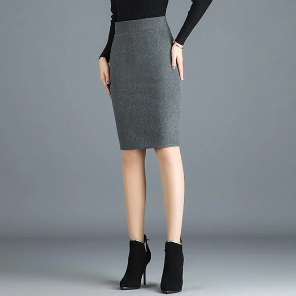Woolen Skirt Осенняя шерстяная юбка с высокой талией Женская Черная винтажная офис, женское облегающее платье-карандаш длиной до колена Юбки Женские Большие размеры шерстяная юбка 3XL - Цвет: Woolen Skirt