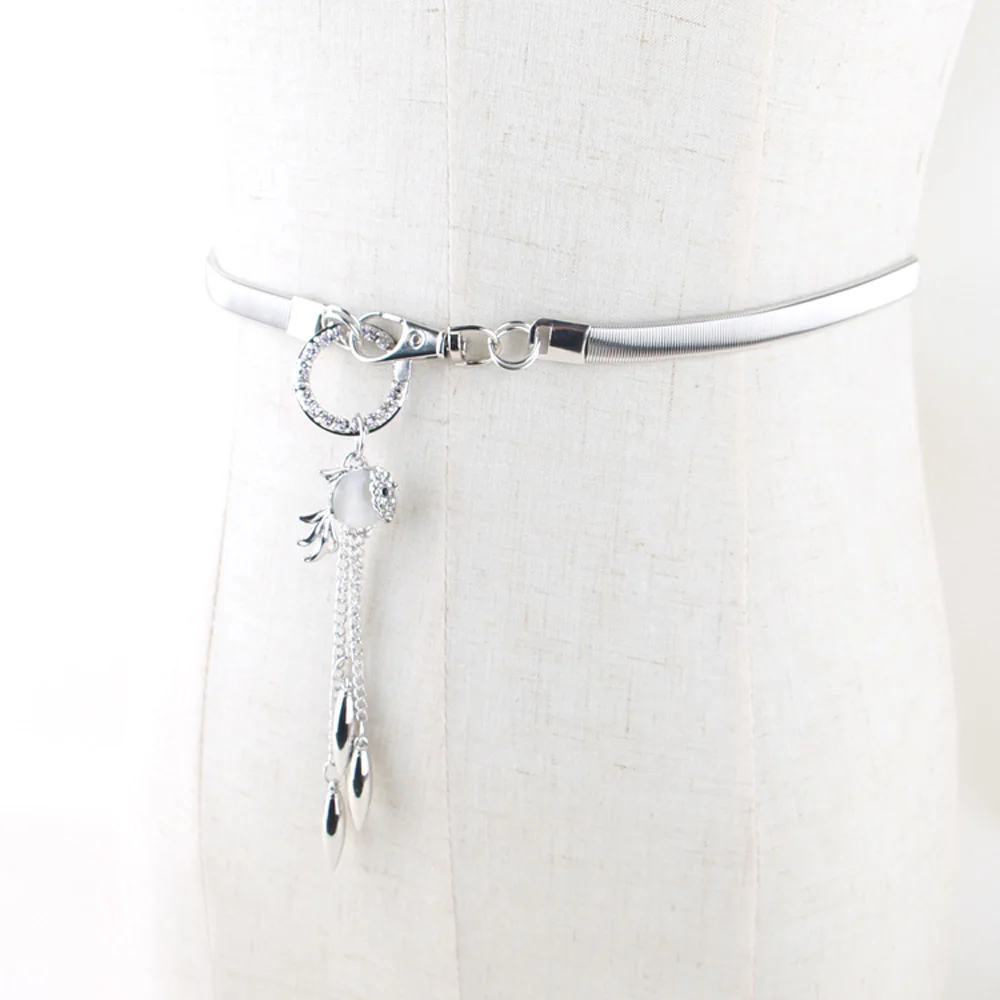 Ladies Elastic Metal Hanging Ring Pendant Waist Chain Dress Waistband Belt Décor LLBLT0319