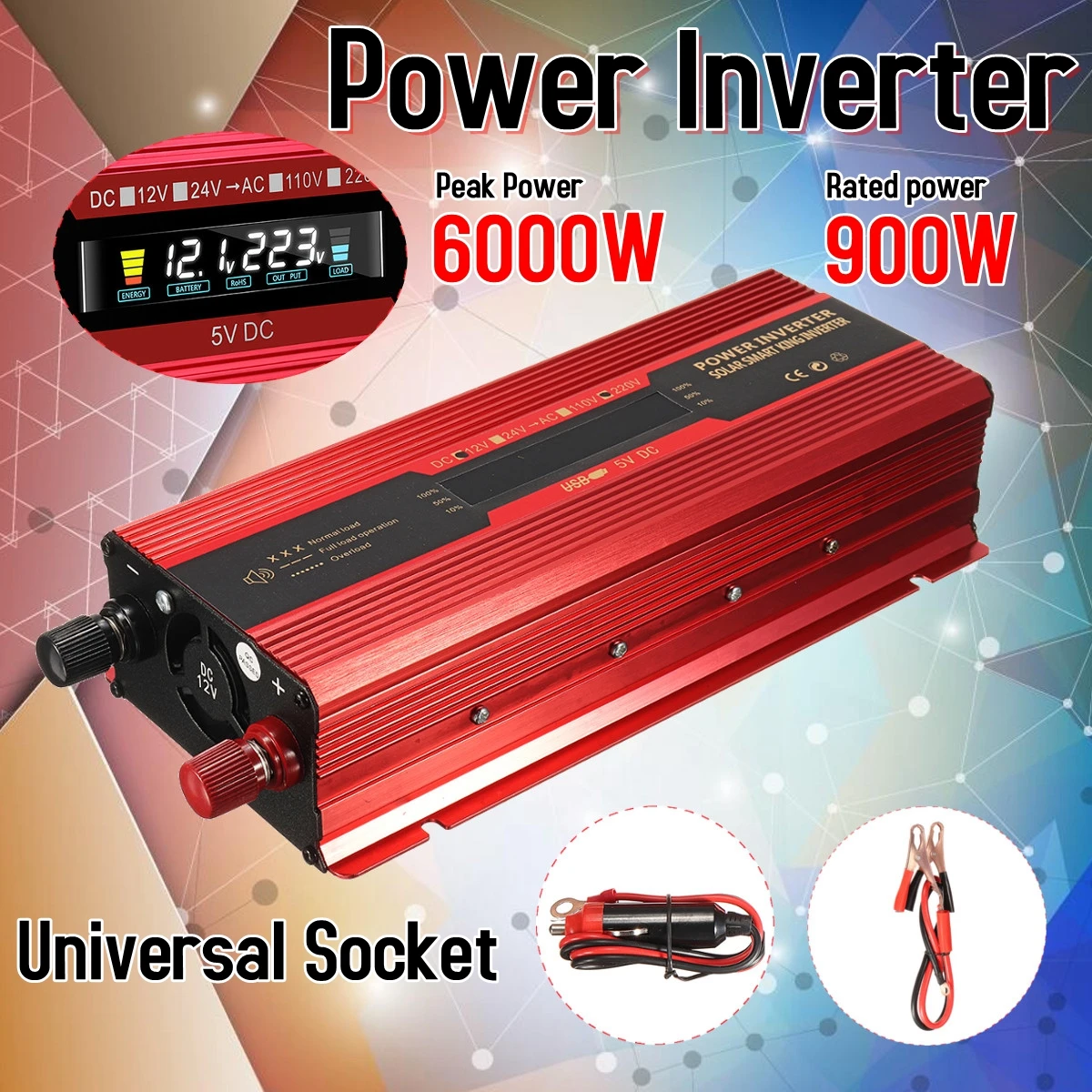 

Car Inverter 12V/24V 220V 6000W P eak Power Inverter Voltage Convertor Transformer DC 12V/24V To AC 220V Inversor LCD Display