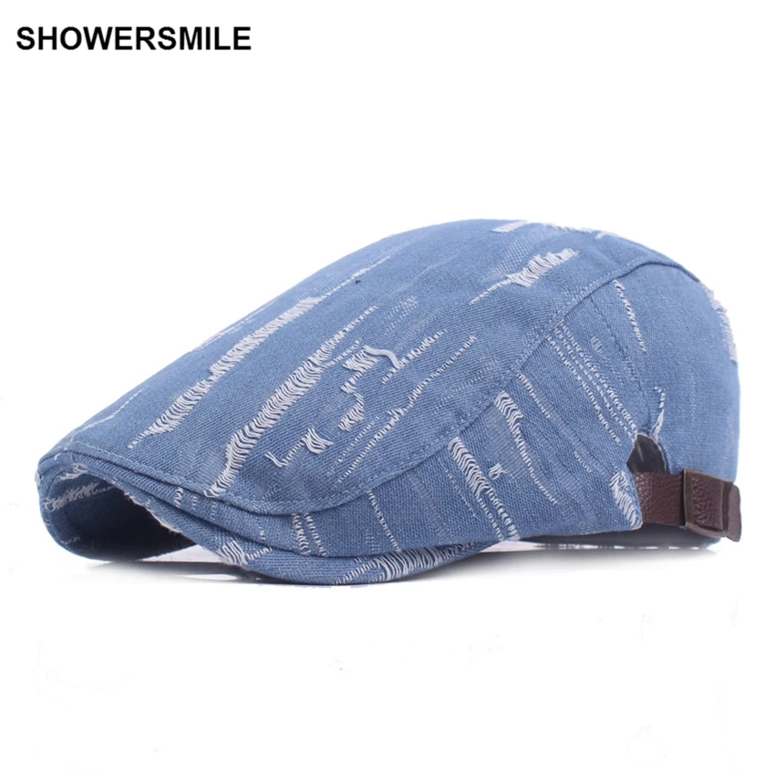 SHOWERSMILE, брендовая джинсовая кепка Ivy s для мужчин и женщин, британский стиль, рваные джинсы, плоская кепка, береты, весна-осень, винтажные модные шапки и Кепка s