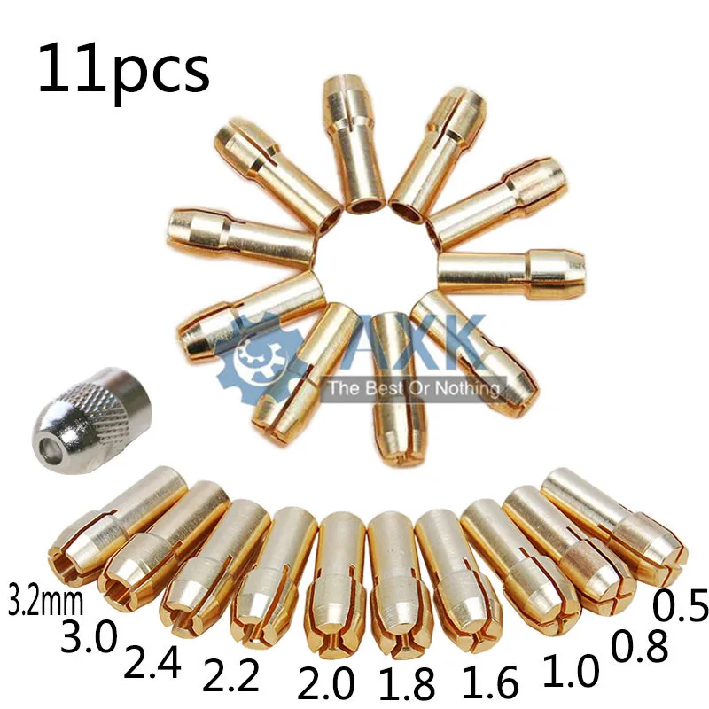 11 шт. латунь Dremel цанговый мини-дрель патроны, в том числе 0,5/0,8/1,0/1,6/1,8/2,0/2,2/2,4/3,0/3,2 мм LT-53