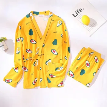 

XIZOU Japanese Clothing Set Kawaii Printed Kimono Pajamas Set Home Wear Casual Autumn Sleepwear Set Woman Girl Spring Loungewear