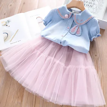 

Girls Casual Cute Rabbit Turn-down Collar Short T-shirt +Bow Ball Gown Skirts 2 Piece Set Children Girl Summer Clothing Sets