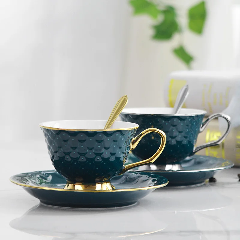 Креативная зеленая Рыбная чешуя кофейная кружка с блюдцем, золотой ободок кофейная посуда, модная керамическая кофейная чашка послеобеденный чай чашки