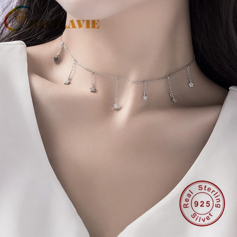 Bonlavie S925 الفضة النقية النجمة الخماسية شرابة قلادة المرأة سلسلة الترقوة إكسسوارات رائعة قلائد - AliExpress