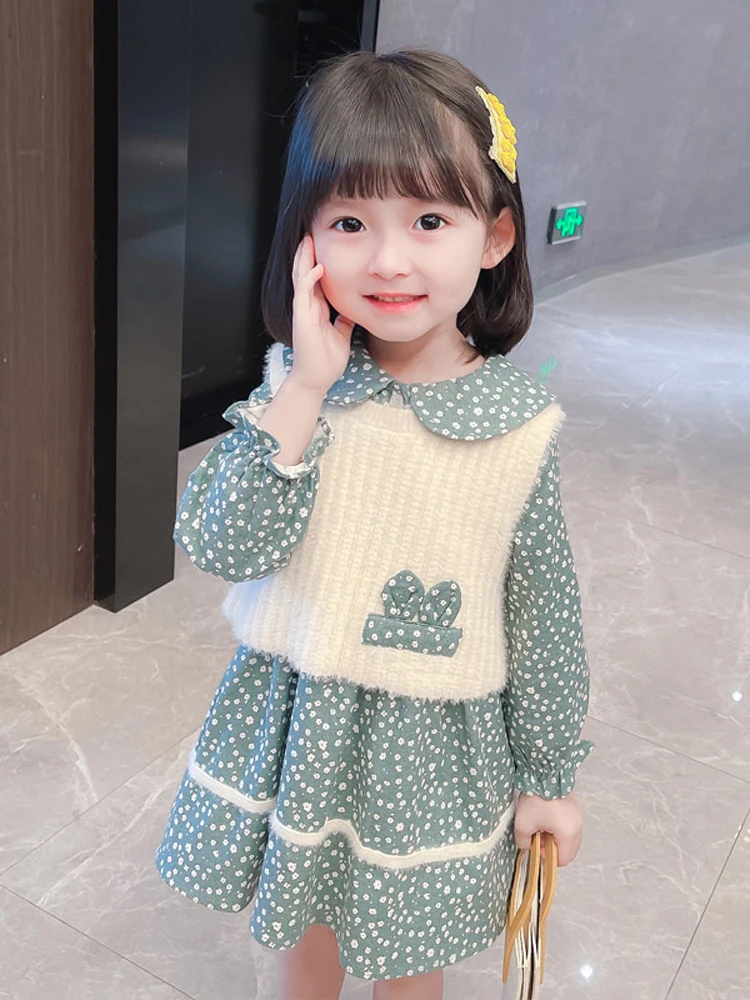 

2 шт., детское платье с длинным рукавом и Белый Трикотажный жилет