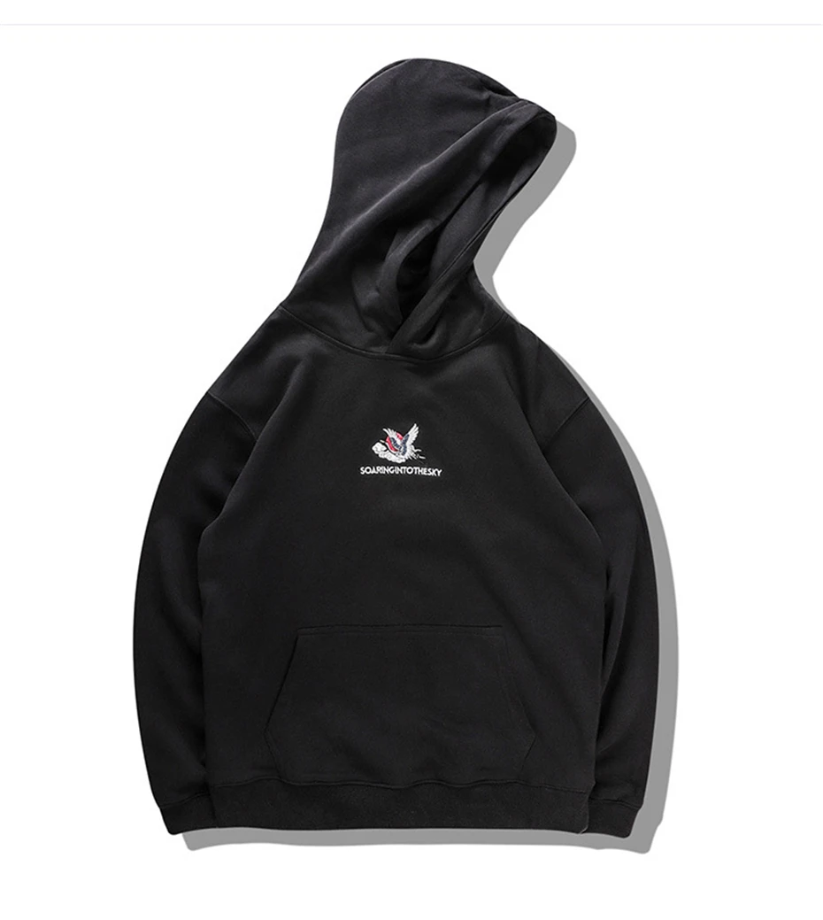 New Embroidered Crane Hoodies Sweatshirts Men Harajuku Printed Hip Hop Pullover Hoodie Streetwear Tops Male Black WO025