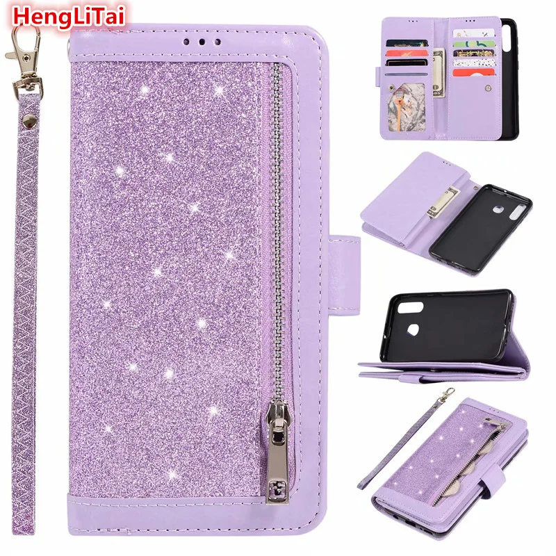 

9card PU Leather Zipper Flip Glitter Wallet phone Case For Samsung A2CORE A10 20E 30 40 50 60 70 M10 20 30 A5 A6 A7 A8plus 2018