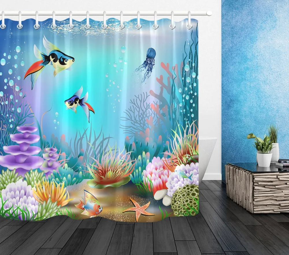 Shower Curtain Underwater World with Fish & Plant Bathroom Mat Waterproof Fabric 