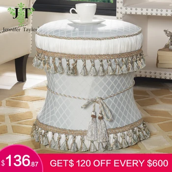 

Jennifer Taylor Leona Star White Decorative Ottoman Fringe Tassel Polyester Decorative Vanity Stool Jacquard