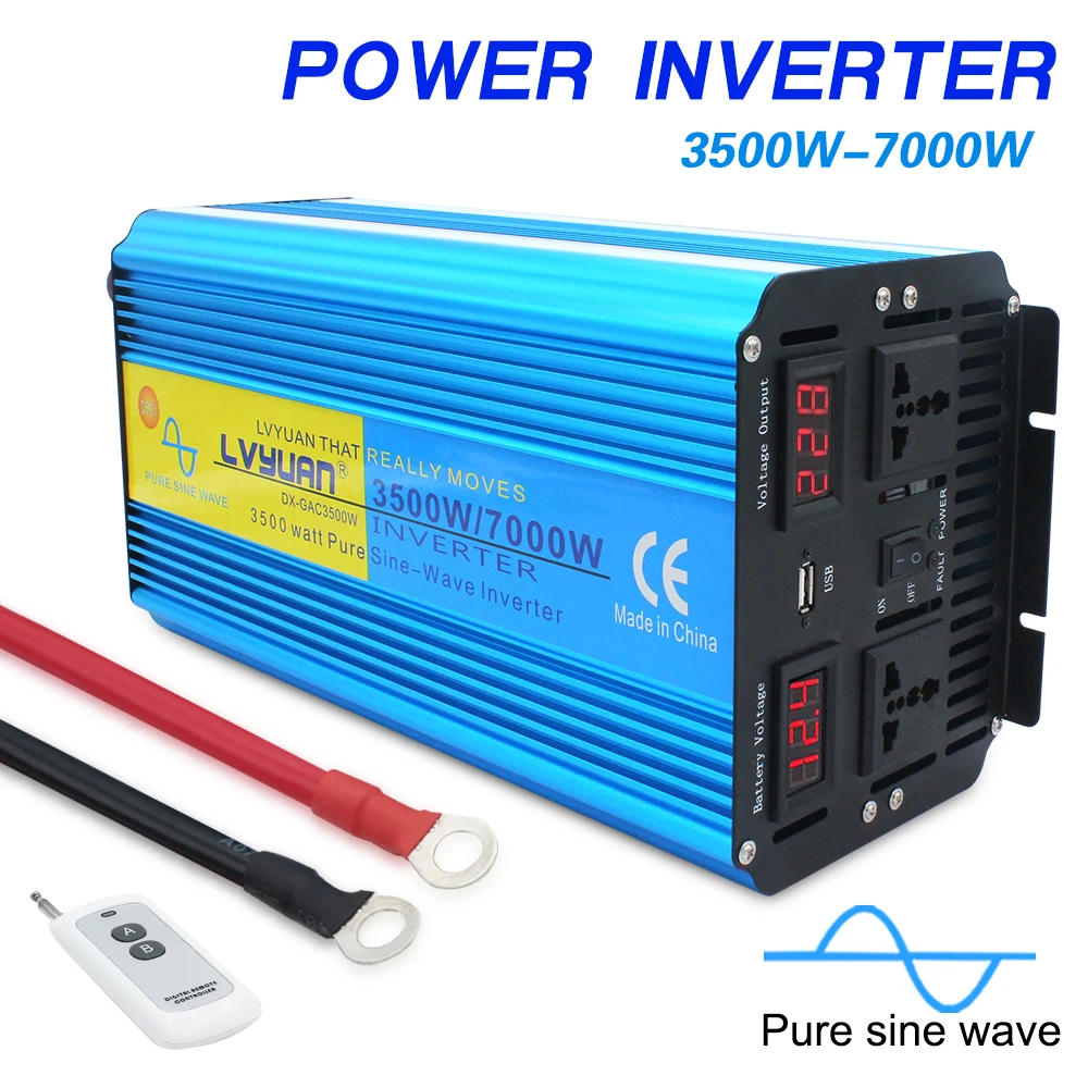 3500W/7000W Pure Sine Wave Inverter DC12V TO AC 220V/230V/240V LED Voltage Display Dual Universal EU Socket Remote Control