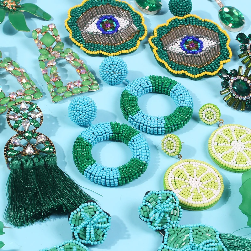 

Green Beads Drop Earrings Bohemia Tassel Fringed Earrings Rhinestone Square Round Dangle Earring for Women New Hair Accessories
