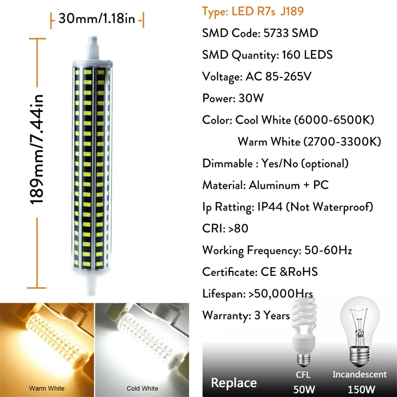 R7S Светодиодный прожектор светильник J78 J118 J135 J189 78 мм 118 мм 135 мм 189 мм мощностью 10 Вт, 20 Вт, 25 Вт 30 Вт 5733 SMD лампы 60 Вт 150 Вт галогенных ламп - Испускаемый цвет: 30W J189