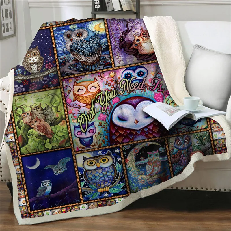 

Gorgeous Owl Throw Blankets Sherpa Fleece Bedspread Soft Blanket 3D Flower Printing Plush Bedding Sofa Picnic Office Nap Blanket