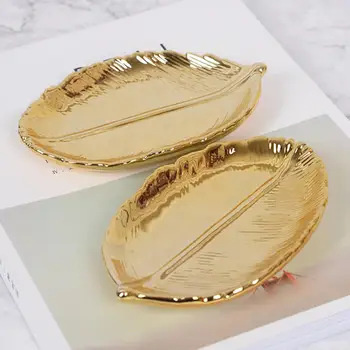 

Golden Leaf Ceramic Storage Plate Jewelry Tray Dried Fruit Cake Dessert Dish Home Table Luxurious Decoration