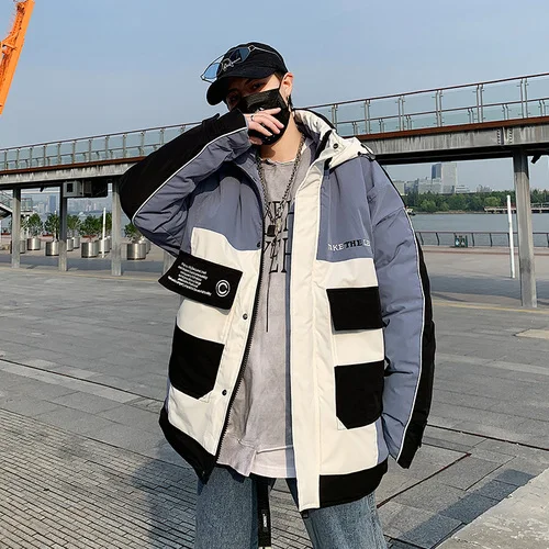 FUODRAO Loose Thicken Warm Winter Parka Men Patchwork Jackets Coats Male Harajuku Jacket Mans Outwear Hooded Windbreaker J208 - Цвет: Синий