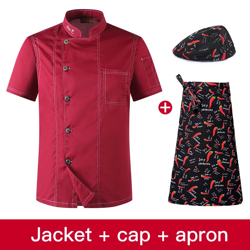 Viaoli Hotel Chef's Uniform Short Sleeve Mesh Breathable Workwear shirt Catering Restaurant Kitchen Bakery wholesale chef jacket - Цвет: jacket hat apron