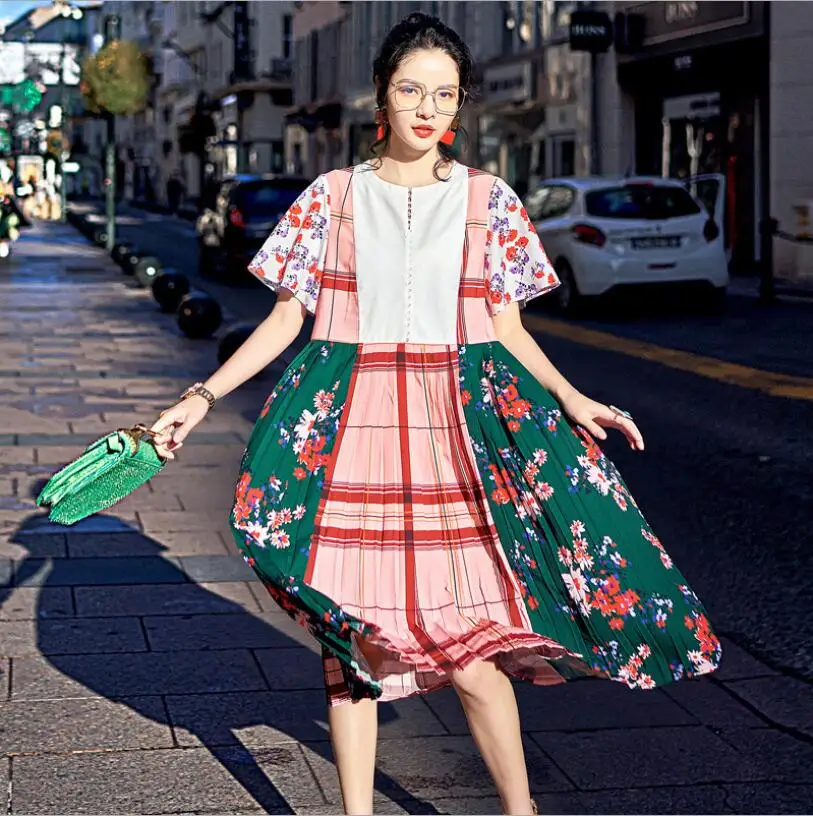 

Beach Party O Neck Printed Pleated Dress French Loose Swing Breathable Holiday Dress Elegant Midi Dress Club Party Night Vestido