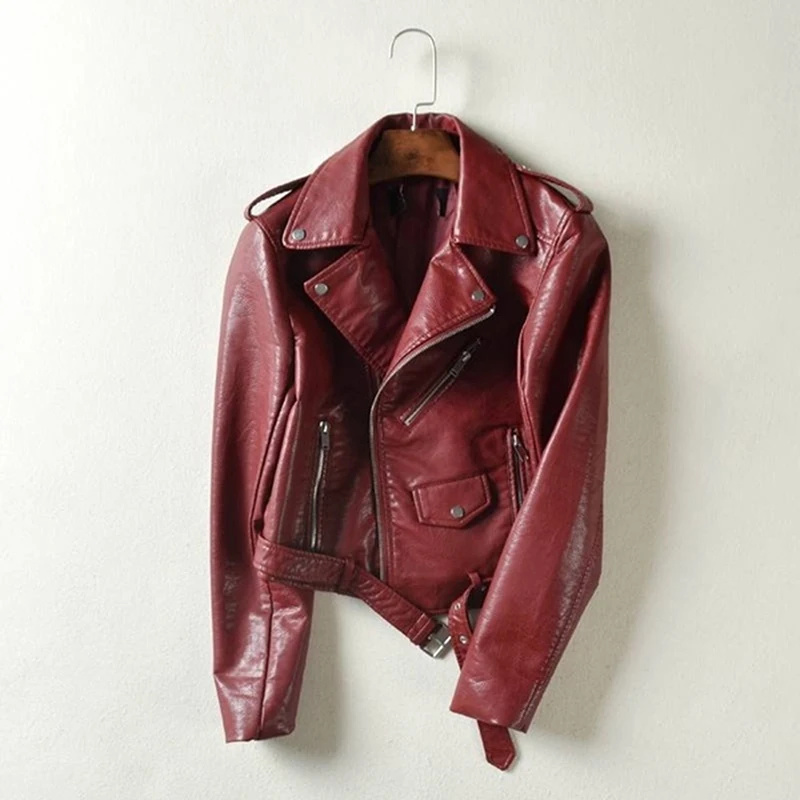 price cut  Pu Leather Jacket Women Fashion Black Motorcycle Coat Short Pu Leather Zipper Basic Coat Turn-down 